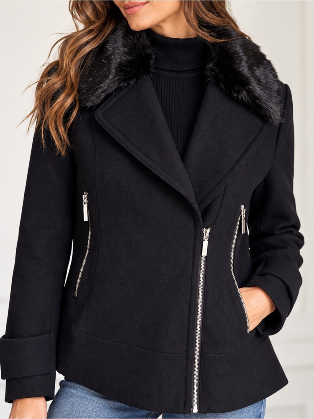 Laundry by Shelli Segal XS Black Wool Blend Moto Coat Faux Fur Collar
